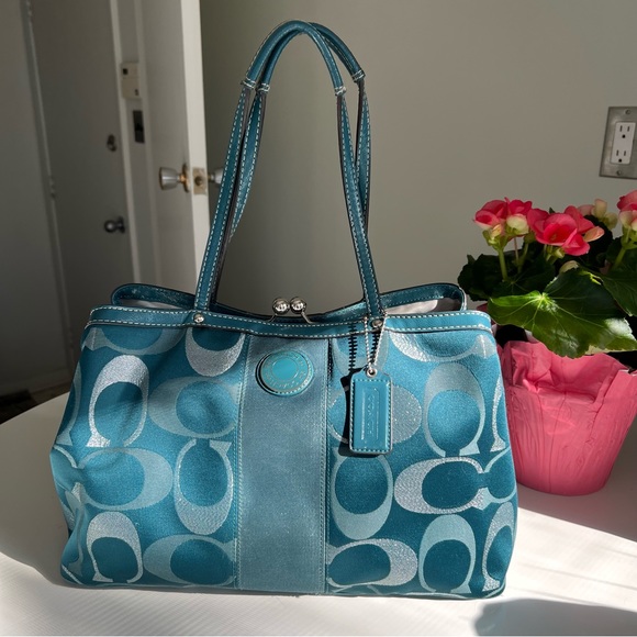 Coach Signature Blue and Silver Print Satchel - Picture 1 of 14